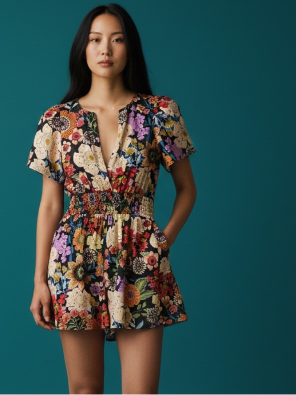 Anthropologie Floral Multicolor Short Sleeve Romper